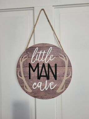 Ulu Little Man Cave Round Wood-Style Sign with Antler Accents